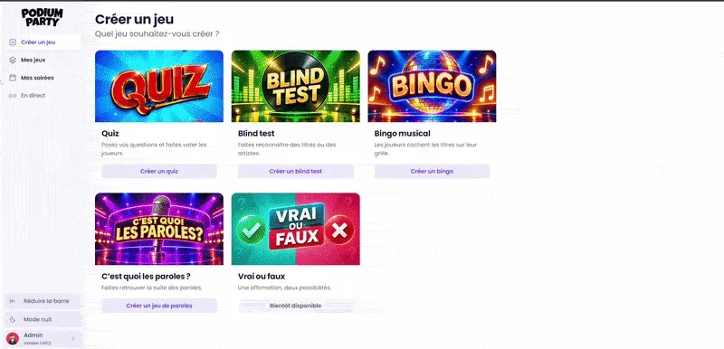 Un tour de Podium Party : la création d’un jeu, la bibliothèque et le calendrier des soirées