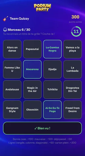 La grille de bingo musical sur le téléphone d’un joueur