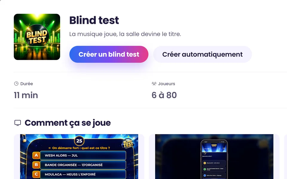 La fiche du blind test dans Podium Party, avec les boutons Créer un blind test et Créer automatiquement