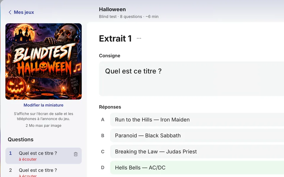 Le blind test Halloween créé automatiquement : sa miniature, sa consigne et ses quatre réponses