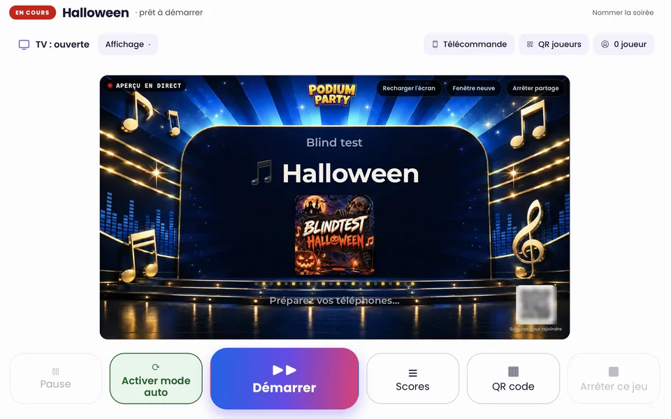 Le blind test Halloween prêt à démarrer dans la régie : l’aperçu de la télé et le gros bouton Démarrer